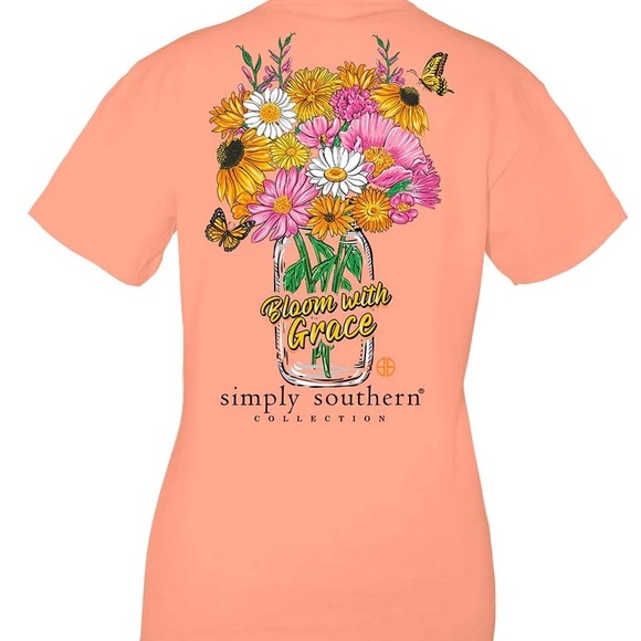 NWT Simply Southern Sherbet peach bloom with grace flower vase graphic t-shirt - Picture 3 of 4